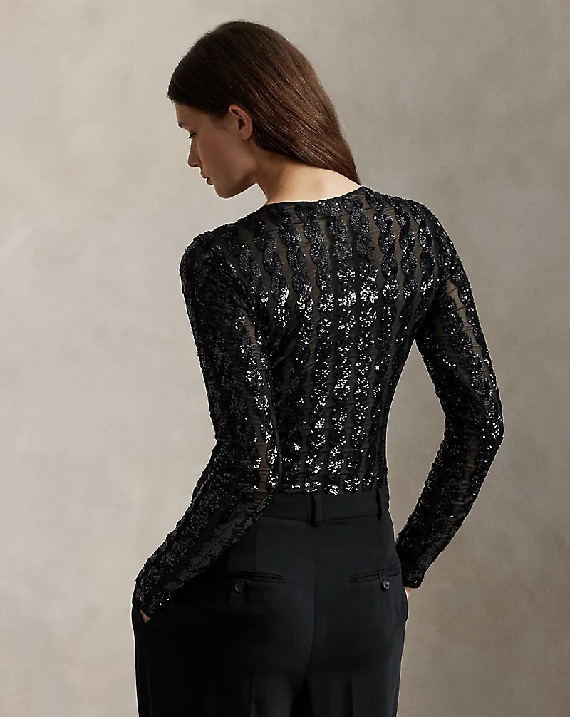 Cable-Sequin Mesh Bodysuit