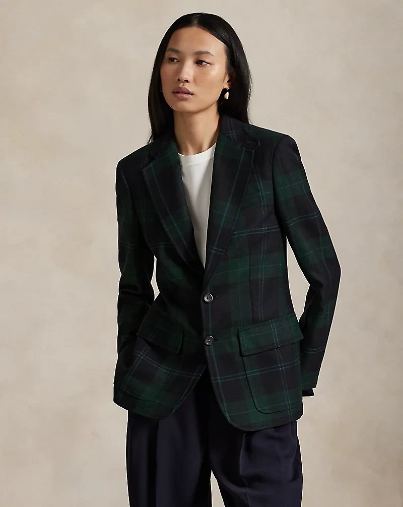 Single-Breasted Plaid Wool Blazer