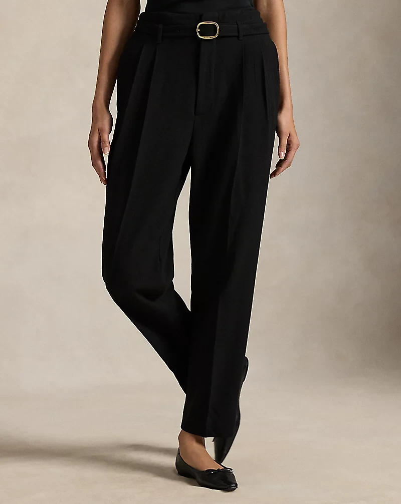 Belted Wool Pleated Tapered Pant