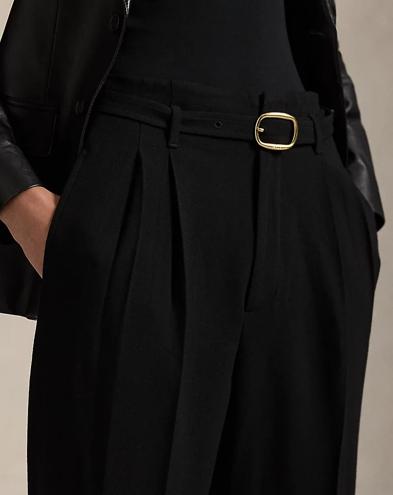 Belted Wool Pleated Tapered Pant