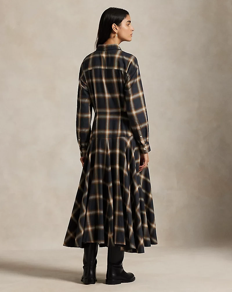Plaid Twill Paneled Shirtdress