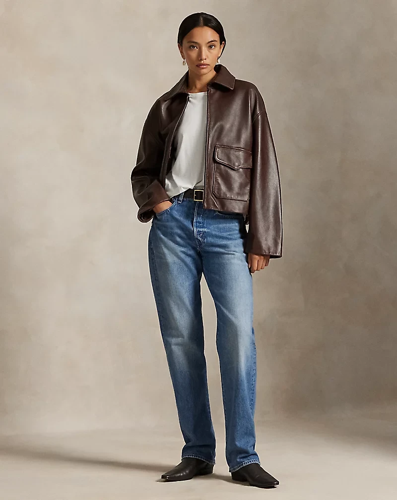 Cropped Leather Bomber Jacket