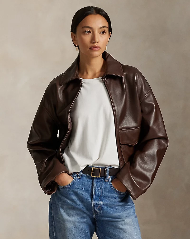Cropped Leather Bomber Jacket