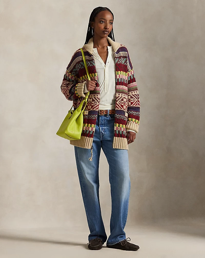 Geometric Shawl-Collar Zip Cardigan