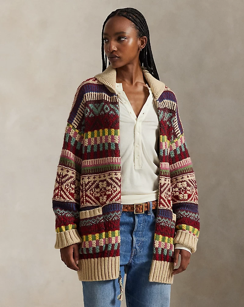 Geometric Shawl-Collar Zip Cardigan