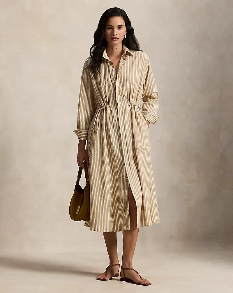 Striped Cotton-Linen Drawcord Shirtdress