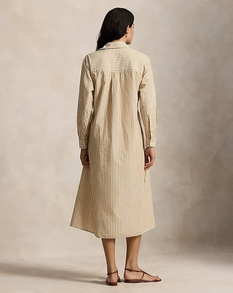Striped Cotton-Linen Drawcord Shirtdress