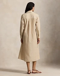 Striped Cotton-Linen Drawcord Shirtdress