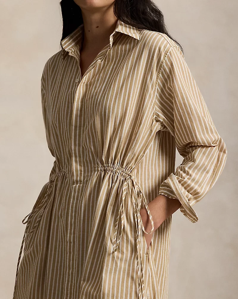 Striped Cotton-Linen Drawcord Shirtdress