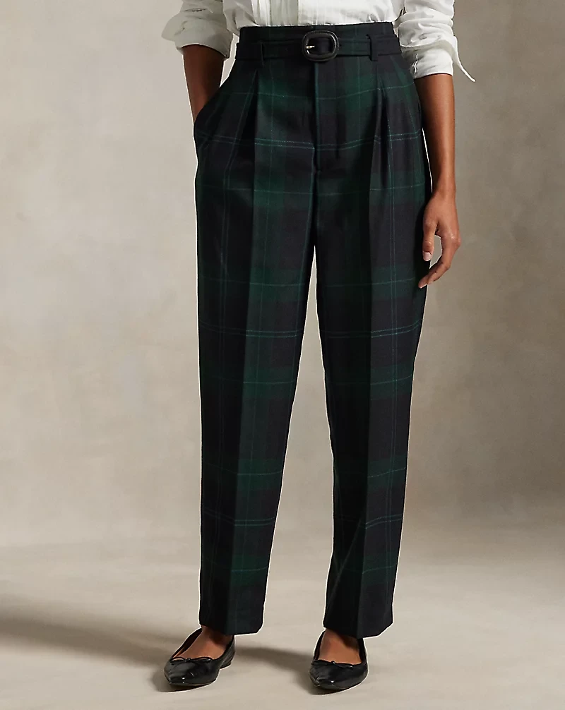 Belted Plaid Wool Pleated Tapered Pant