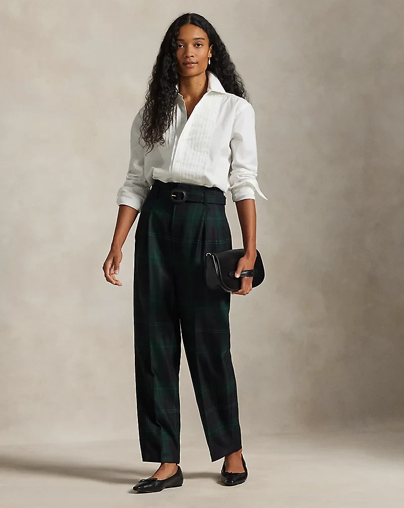 Belted Plaid Wool Pleated Tapered Pant