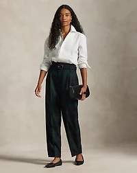Belted Plaid Wool Pleated Tapered Pant
