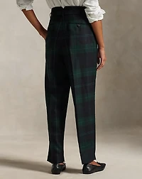 Belted Plaid Wool Pleated Tapered Pant