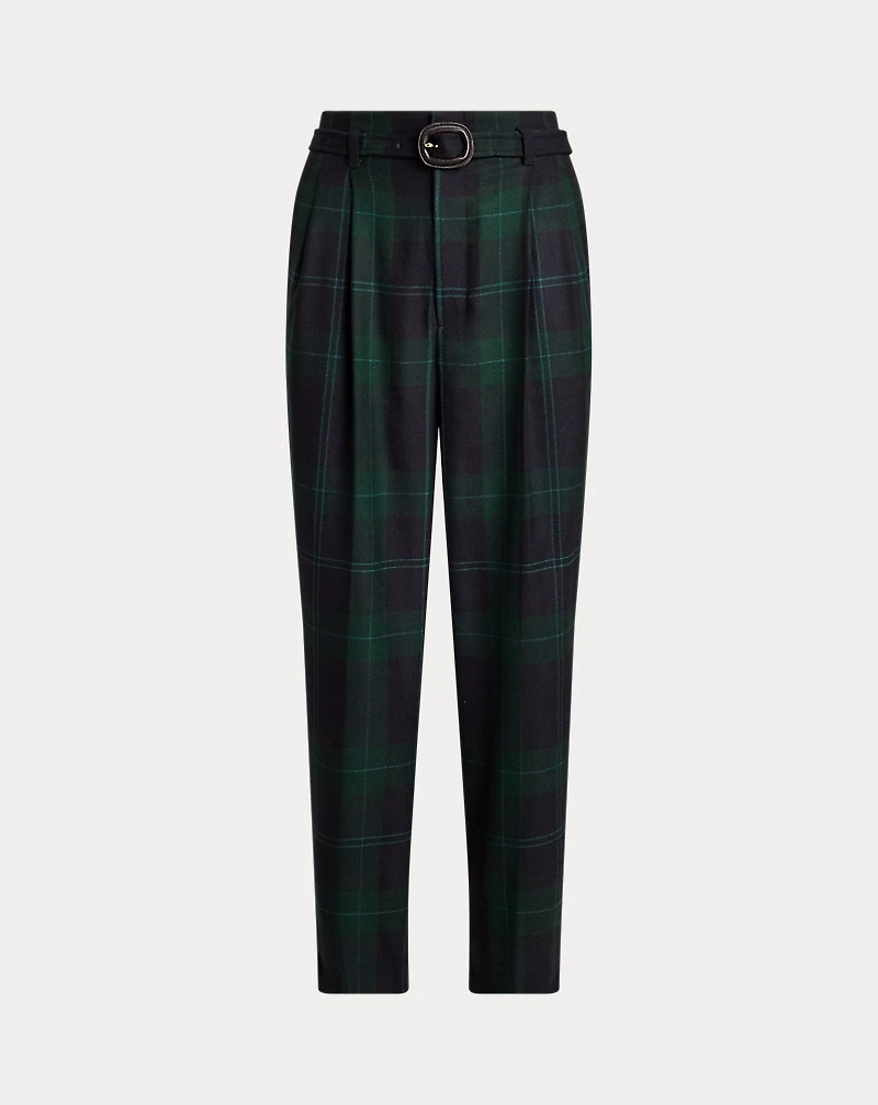 Belted Plaid Wool Pleated Tapered Pant
