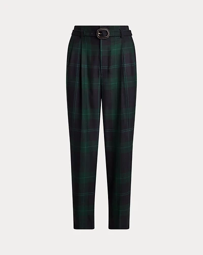 Belted Plaid Wool Pleated Tapered Pant