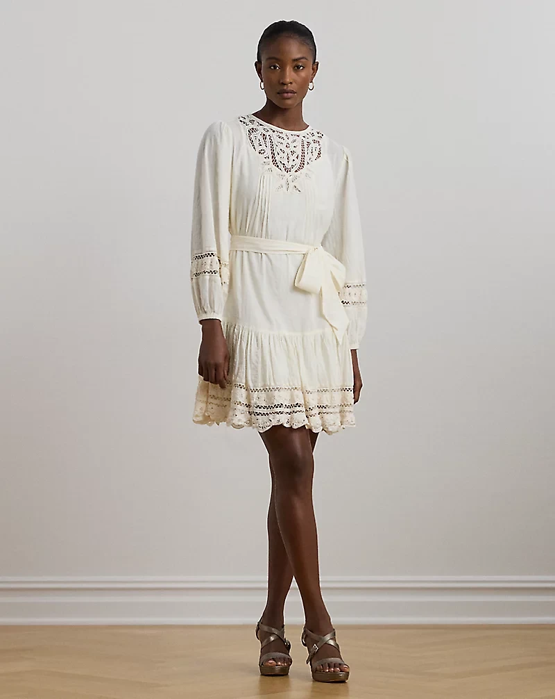 Lace-Trim Belted Cotton Voile Dress