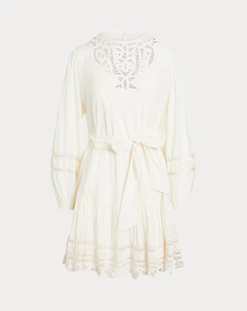 Lace-Trim Belted Cotton Voile Dress