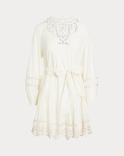 Lace-Trim Belted Cotton Voile Dress
