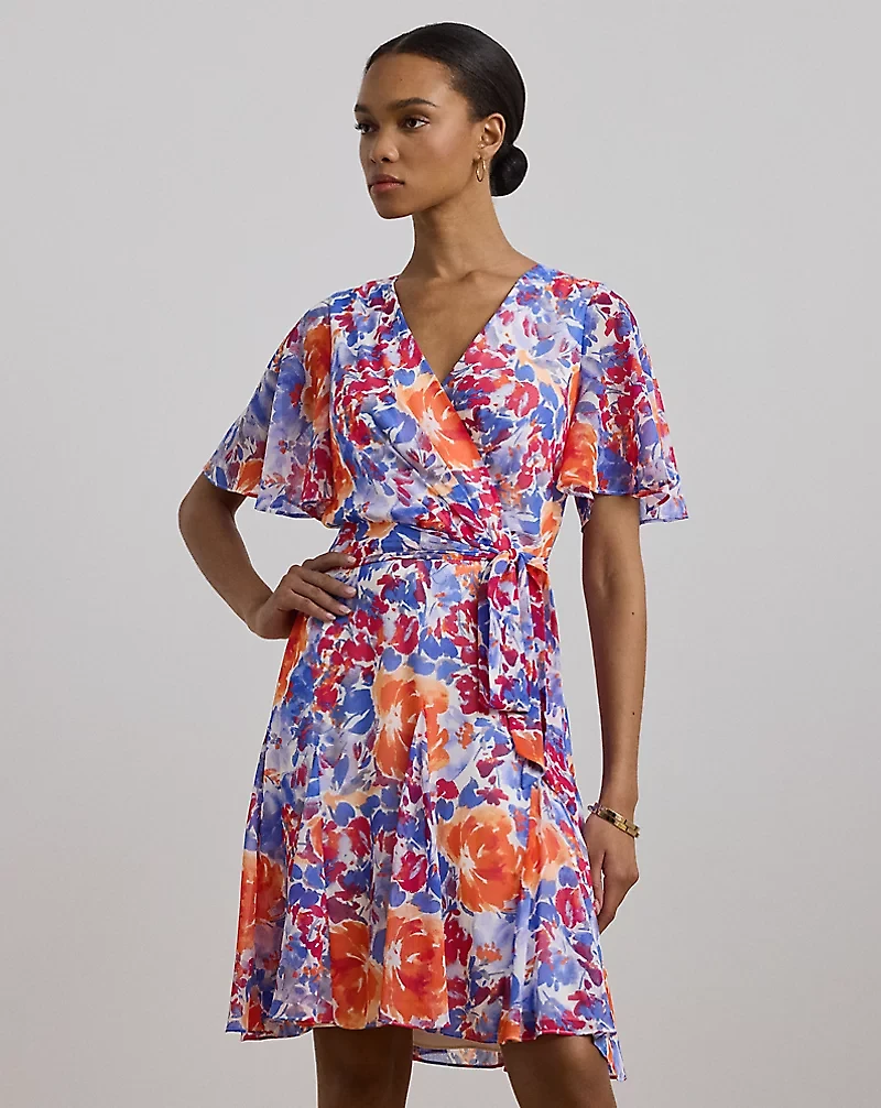 Floral Crinkle Georgette Surplice Dress