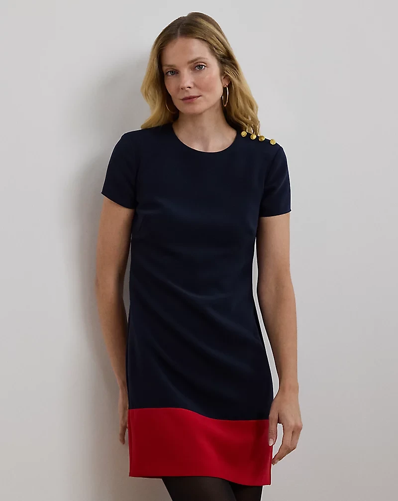 Two-Tone Button-Trim Crepe Shift Dress