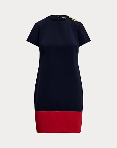 Two-Tone Button-Trim Crepe Shift Dress