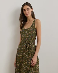 Floral Belted Crepe Sleeveless Dress
