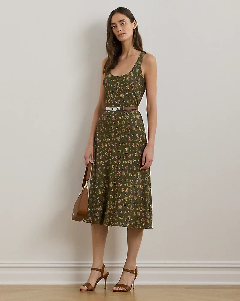 Floral Belted Crepe Sleeveless Dress