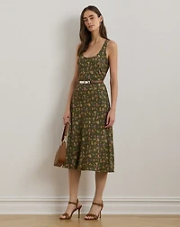 Floral Belted Crepe Sleeveless Dress
