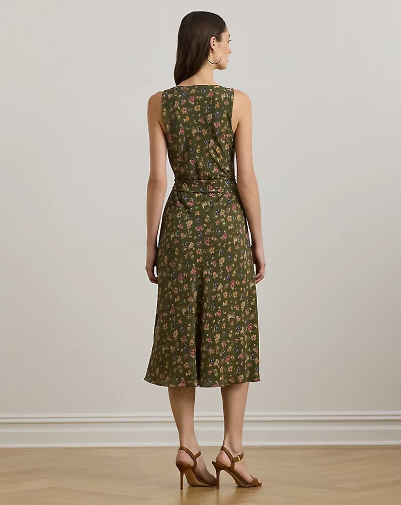 Floral Belted Crepe Sleeveless Dress