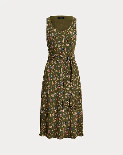 Floral Belted Crepe Sleeveless Dress