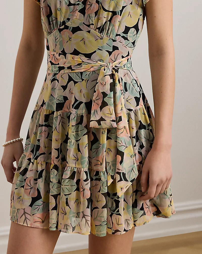 Floral Belted Georgette Tiered Dress
