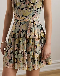 Floral Belted Georgette Tiered Dress