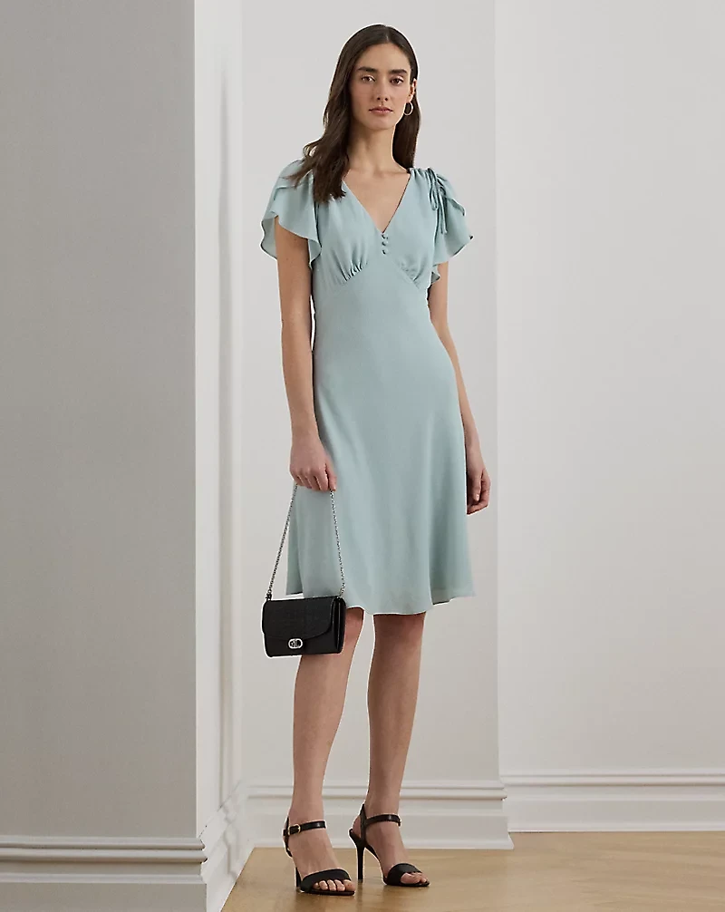 Bubble Crepe Flutter-Sleeve Dress