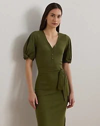 Belted Rib-Knit Puff-Sleeve Dress