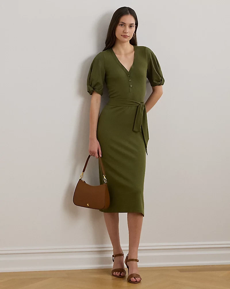 Belted Rib-Knit Puff-Sleeve Dress