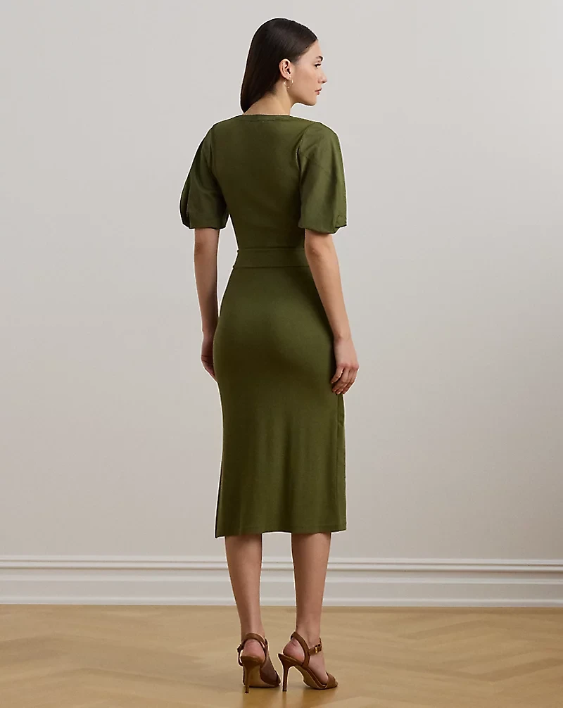 Belted Rib-Knit Puff-Sleeve Dress