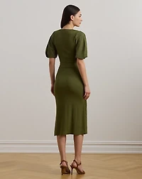Belted Rib-Knit Puff-Sleeve Dress