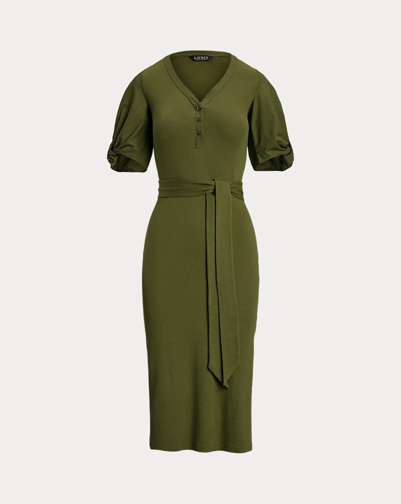 Belted Rib-Knit Puff-Sleeve Dress