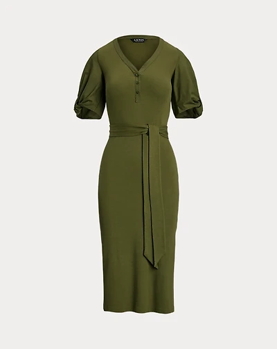 Belted Rib-Knit Puff-Sleeve Dress