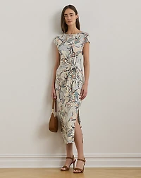 Tie-Front Print Boatneck Midi Dress