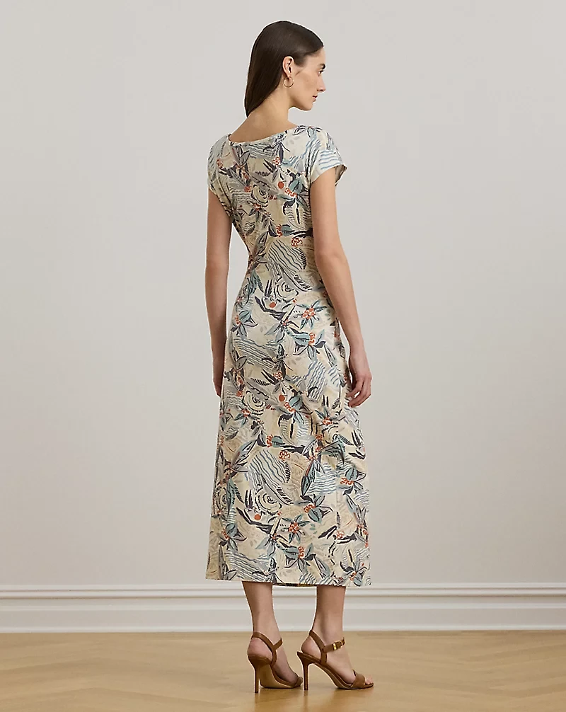 Tie-Front Print Boatneck Midi Dress
