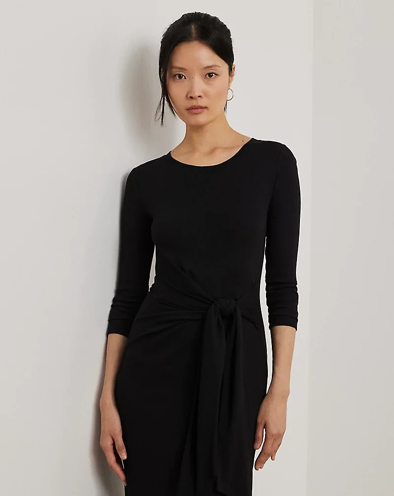 Tie-Front Cotton-Blend Crewneck Dress