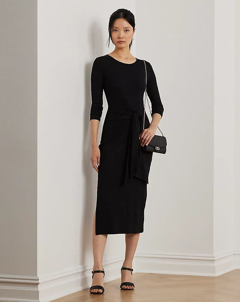 Tie-Front Cotton-Blend Crewneck Dress