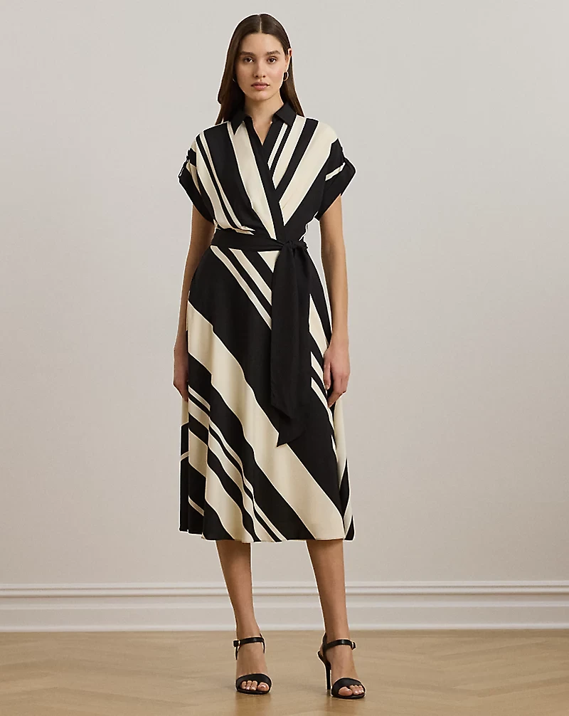 Striped Belted Crepe Dress