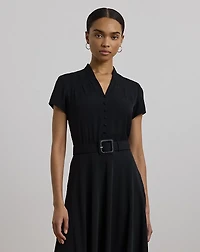 Raffia-Buckle Belted Georgette Dress