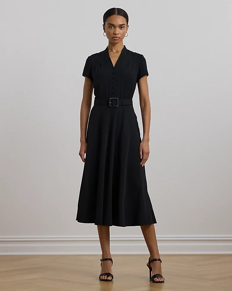Raffia-Buckle Belted Georgette Dress