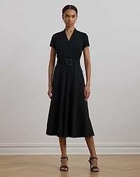Raffia-Buckle Belted Georgette Dress