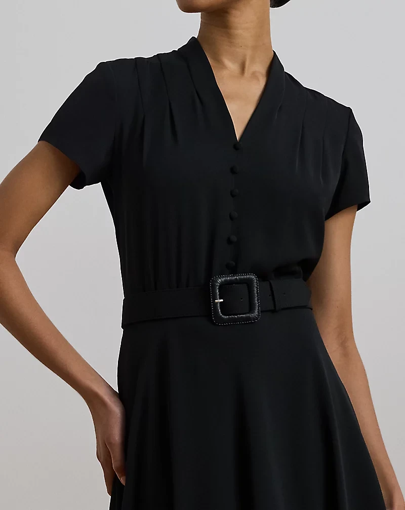 Raffia-Buckle Belted Georgette Dress