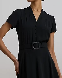 Raffia-Buckle Belted Georgette Dress