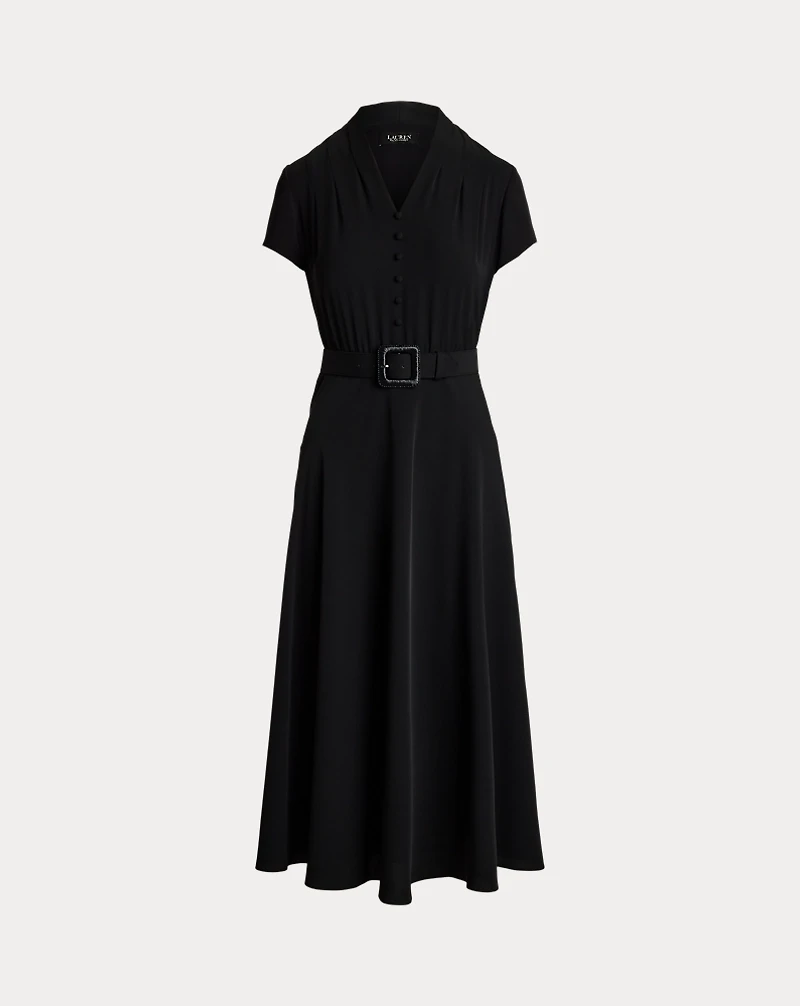 Raffia-Buckle Belted Georgette Dress